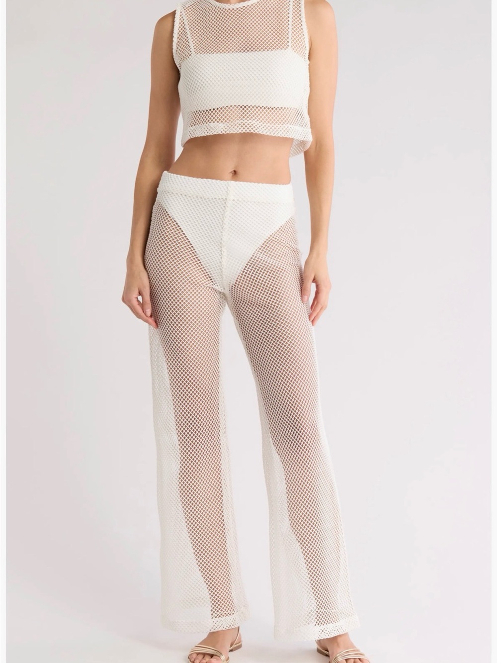 Boamar ATALAYA Mesh Wide Leg Beach swim cover up Fishnet Pants IVORY white SMALL